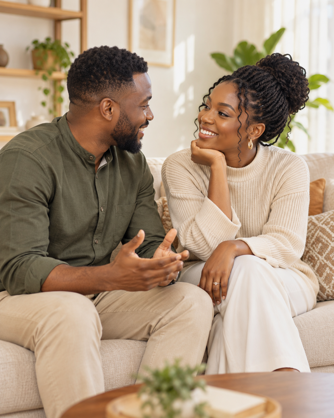 An engaged couple in conversation