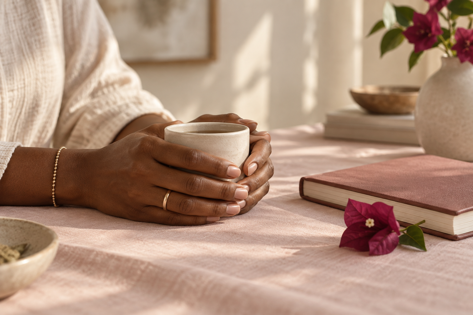 A quiet, reflective moment with a journal and cup